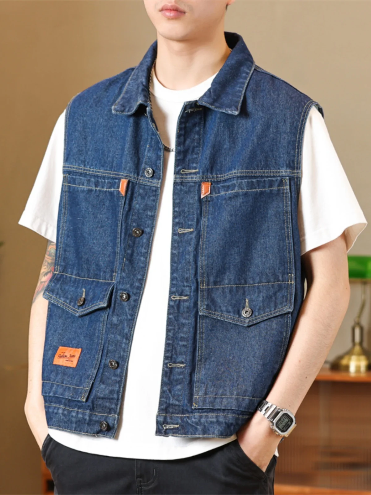 

Loose Men's Denim Jaet Svel Multi-ket Faion Brand Youth ular Workwear Stand Fit Button Decorated Jeans Cloth