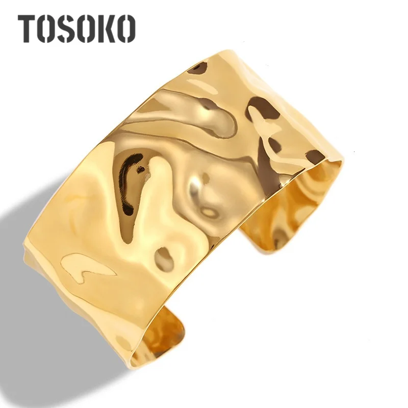 TOSOKO Stainless Steel Concave Convex Hammer Pattern Wide Bracelet With Exaggerated Personality jewelry BSZ058