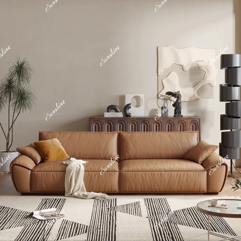 

Cloud leather sofa, modern simple living room small apartment straight row Nordic wabi-sabi wind