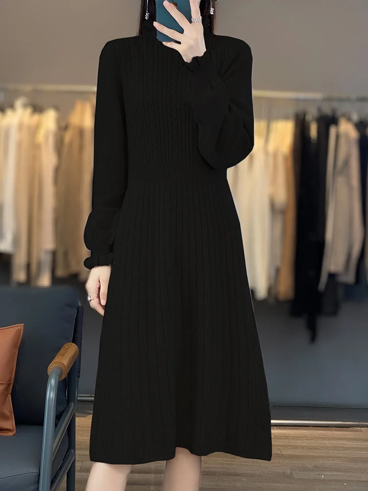 100% ميرينو الصوف المرأة البلوز فستان مع الفطريات طوق الخريف الشتاء موضة عادية محبوك الكشمير تنورة طويلة