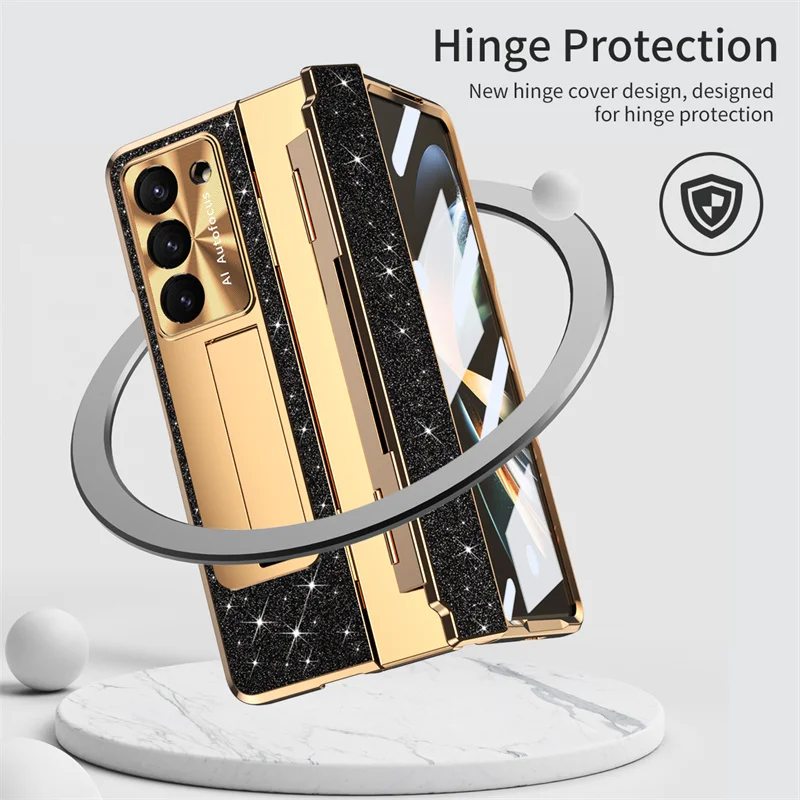 Etui Samsung Galaxy Z Fold 5 4 3 6 5G Screen Protector Luxury Frosting One-Piece Plating Stand Cover For Galaxy Z Fold6 5G