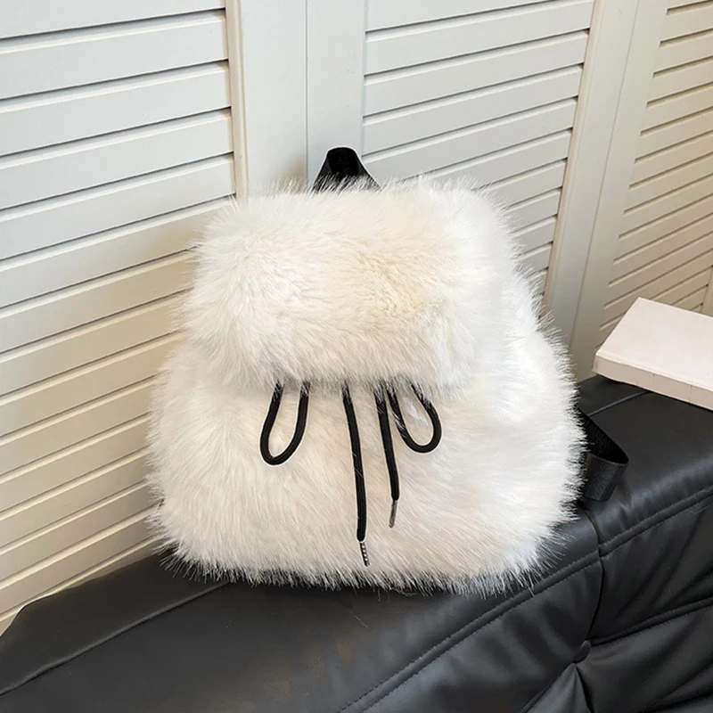 Plüsch-Rucksack für Damen, klein, niedlich, Kordelzug, flauschige Tasche, einfarbig, weicher Rucksack, Winter, warm, Kunstpelz, Schulterrucksack