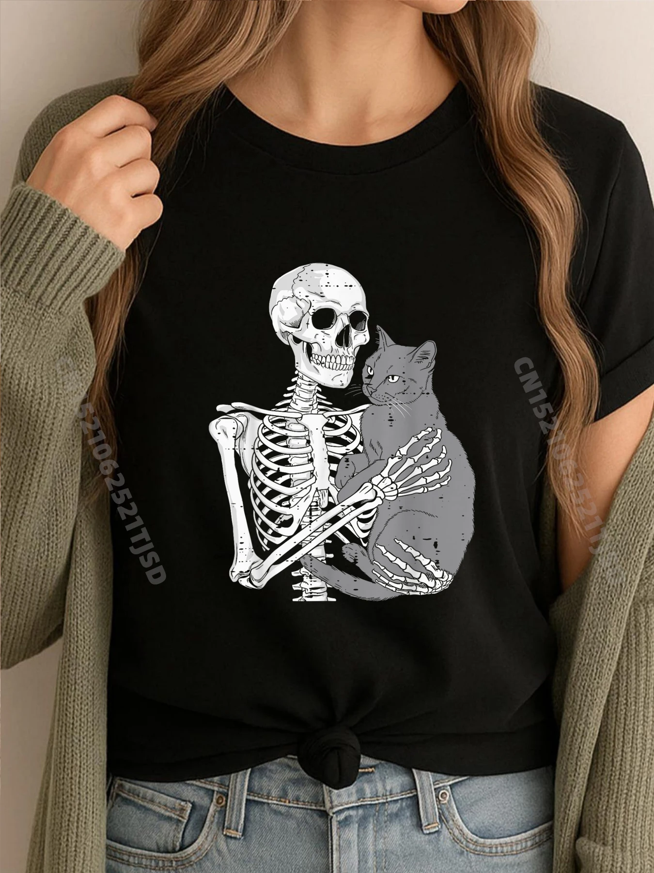 

Skeleton Holding A Cat Funny Halloween Cats Skeletons Anime T Shirts T Shirt Woman Washed Graphic