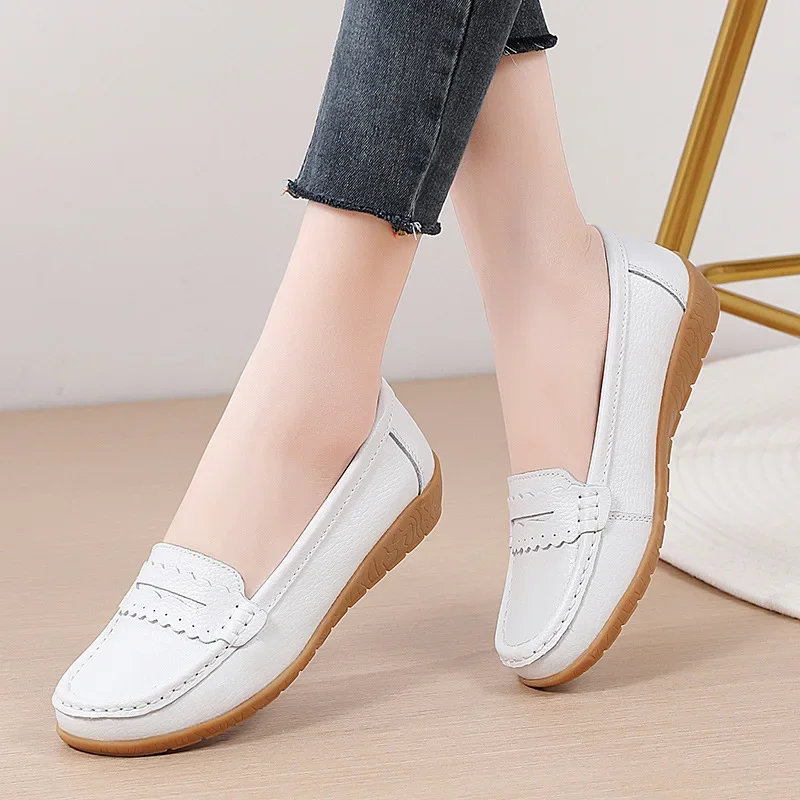 2024 Women Flats Genuine Leather Shoes Woman Platform Casual Soft Women\'s Loafers Shallow Slip On Shoes Women Nurse Ladies Shoes