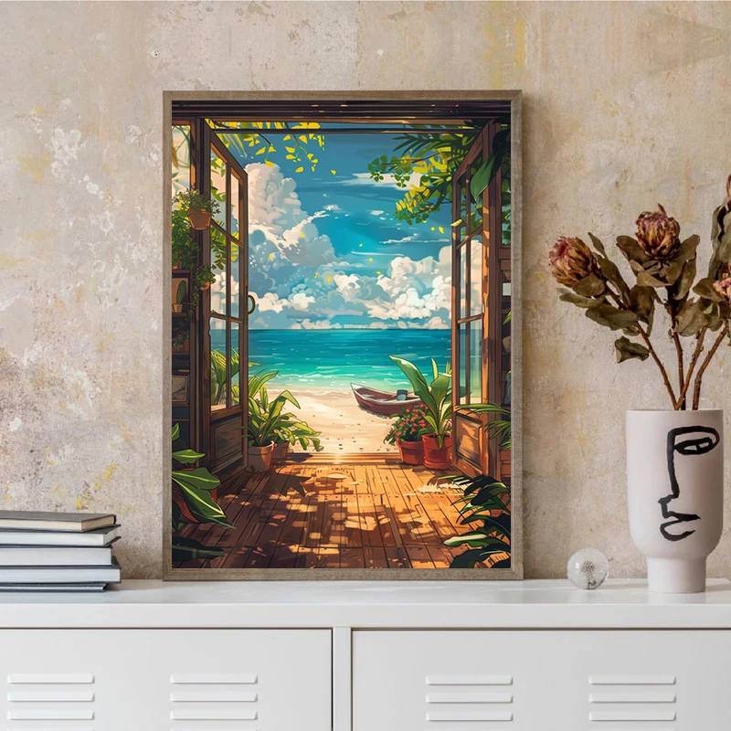 Classic Coastal Balcony Seaside View Outside Window Vibrant Colors Italian Countryside Seaside Poster Canvas Painting Home Decor