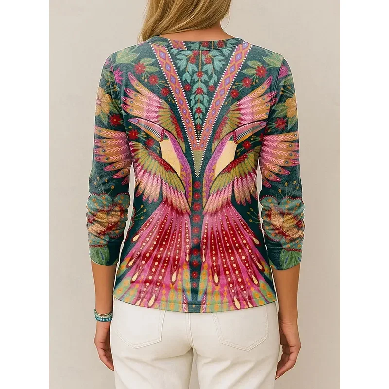 Women's T-Shirts Floral Graphic Bird Graphic Elegant Fashion Tees Long Sleeve T-shirts V-Neck Regular Tops Casual Pullover Fall