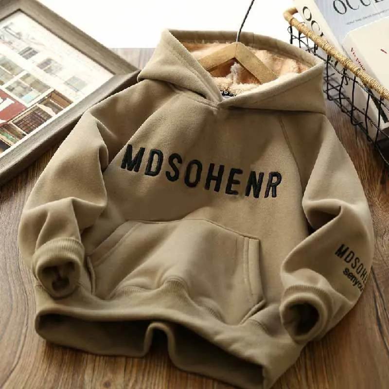 Boys Padded Sweatshirt Winter Big Kids Cotton Thermal Pullover Autumn Plus Velvet Thick Warm Tops Children\'s Clothing 5-14 Years