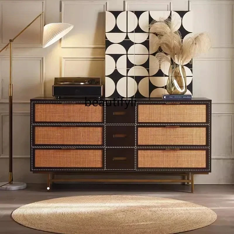 

Modern Minimalist Mid-Ancient Retro Distressed Style Solid Wood Oak Rattan Woven Nordic Hallway Side Cabinet
