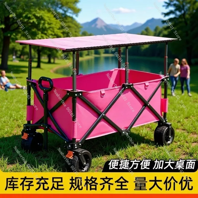 Outdoor Camping Wagon Folding Utility Cart with Table Portable Camp Trolley Stall Display Desk Heavy Duty Garden Beach Picnic