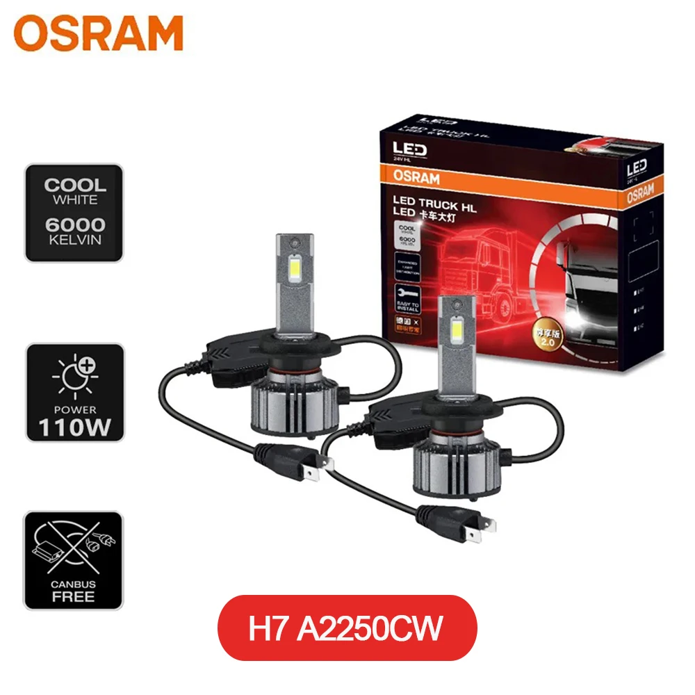 

OSRAM TRUCK LED HL ZX2.0 H7 24V Светодиодные лампы для грузовиков, 110 Вт, сверхмощные, 6000K, холодный белый свет, ближний/дальний свет, оригинальные лампы A2250CW, пара