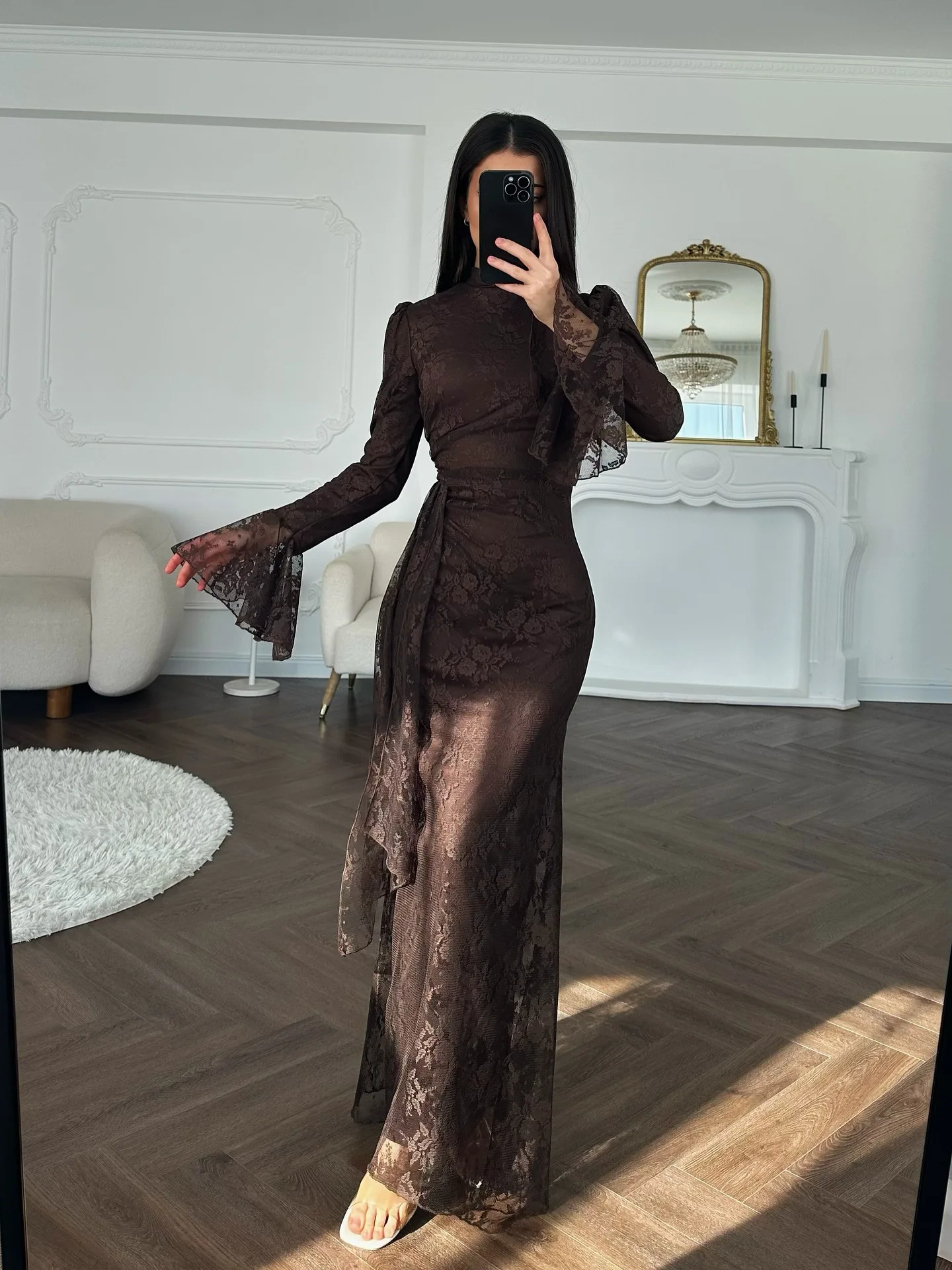 Women Lace Fitted Dresses Solid Evening Dress H Line Ankle Lenth Bell Sleeve Waist Cinch Slim Fit Party Sexy Elegant 2026 Summer