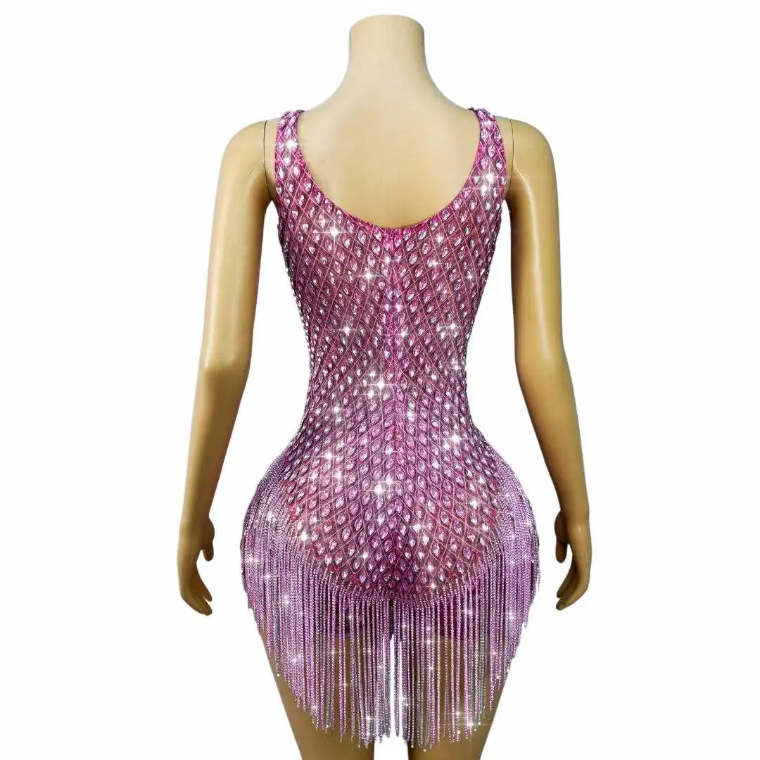 Luxury Blingbling Stage Costume Handmade Rhinestones Crystals chains Mesh Bodysuit Party Club Dancer Performance Stage Wear