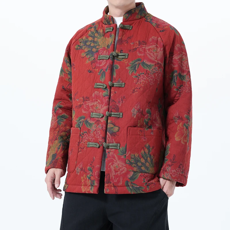 

Chinese Style Jackets Men Retro Traditional Print Flower Tang Suit Jacket Men Kung Fu Tai Chi Casual Parkas Coat Men Clothing