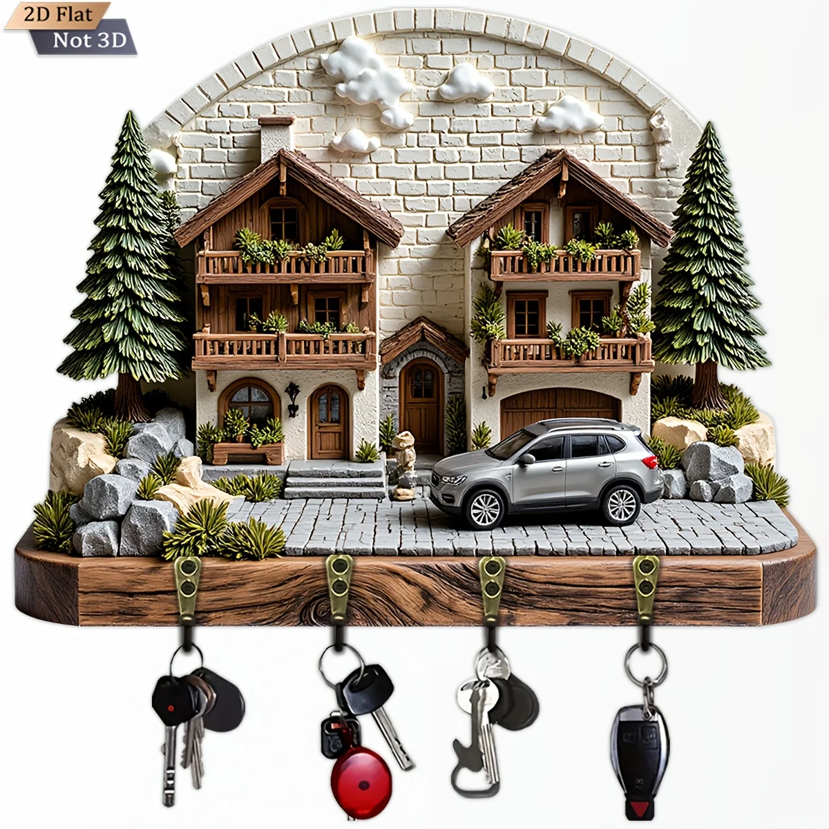 2D Flat, 1pc, Owl-Shaped Key Hook with Hat, Wooden Multifunctional Home Key Holder with Four Metal Hooks, Wall Decoration,