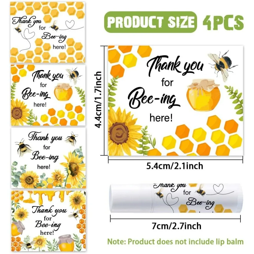 100Pcs 4 Styles Bee Lip Balm Labels Stickers 2.1x1.7 inch Self-Adhesive Favor Lip Balms Bee Honeycomb Stickers with Thank You