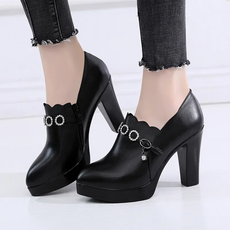 8.5cm 12cm Small Size 32-43 Deep Mouth Crystal Buckle Platform Shoes Women Pumps 2024 Fall Block High Heels Shoes Model Party