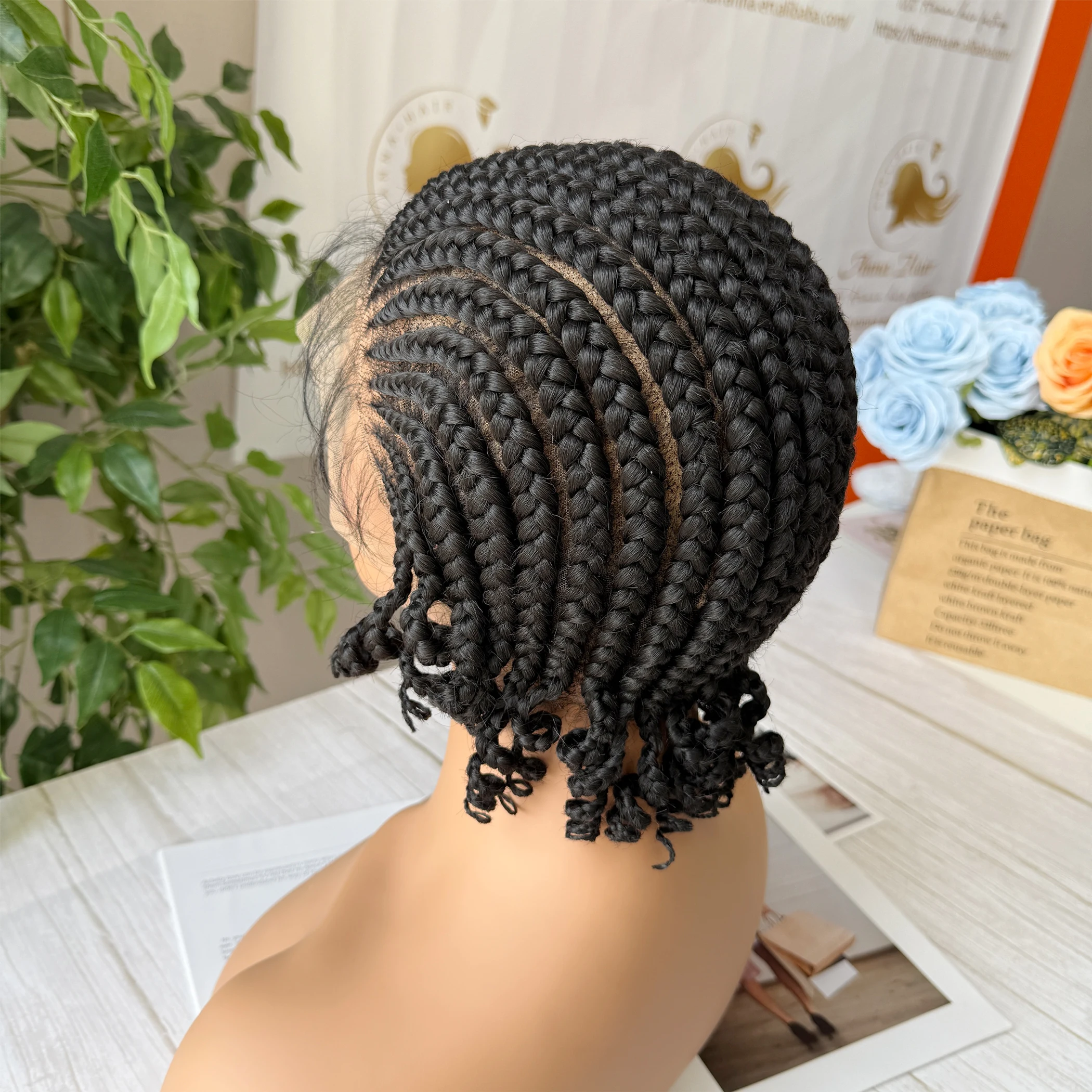 Short Full Lace Cornrow Braided Bob Wigs Synthetic Braided Lace Wig with Baby Hair Knotless Handmade Braids Wigs for Black Women