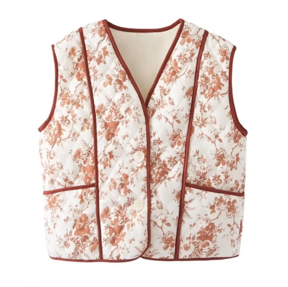 Women Single Breasted Floral Print Vest Casual V-Neck Sleeveless Vests Flower Printing Multicolor Vests for Lady Home Streetwear