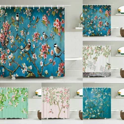 Chinese Birds Gradient Shower Curtains for Bathroom, Landscape Plants, Green, Waterproof Fabric, Polyester Bath Decor with Hook