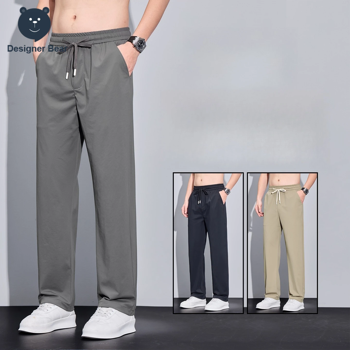 Men's Summer Thin High Stretch Casual Pants Straight Trousers Breathable Anti-Wrinkle Polyamide Fibre Outdoor Joggers Sweatpants