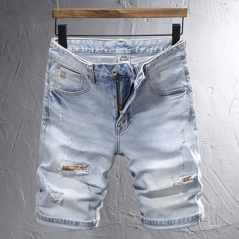 

Summer Fashion Designer Short Jeans Men Retro Light Blue Stretch Slim Fit Ripped Jeans Patched Vintage Casual Denim Shorts Men