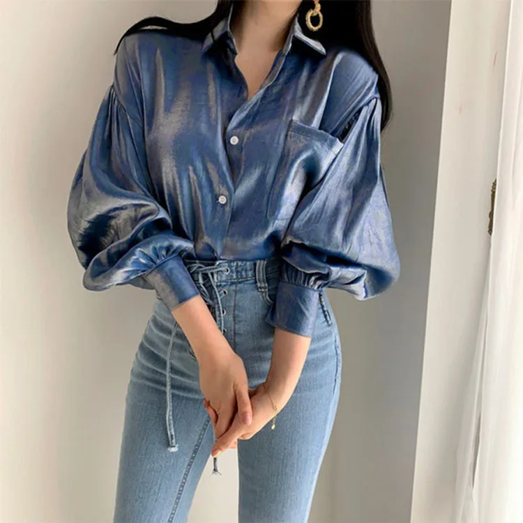 Women Blouses Shirts Purple Lantern Sleeve Shirt Y2k Tops Single Breasted Streetwear Sleeve Slim Autumn Spring Elegant Top Shirt