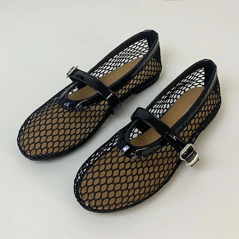 Ladies Ballet Flats Beach Holiday Mesh Women Lolita Flats Buckle Strap Casual Outside Fashion Female Mary Jane Shoes Big Size 43