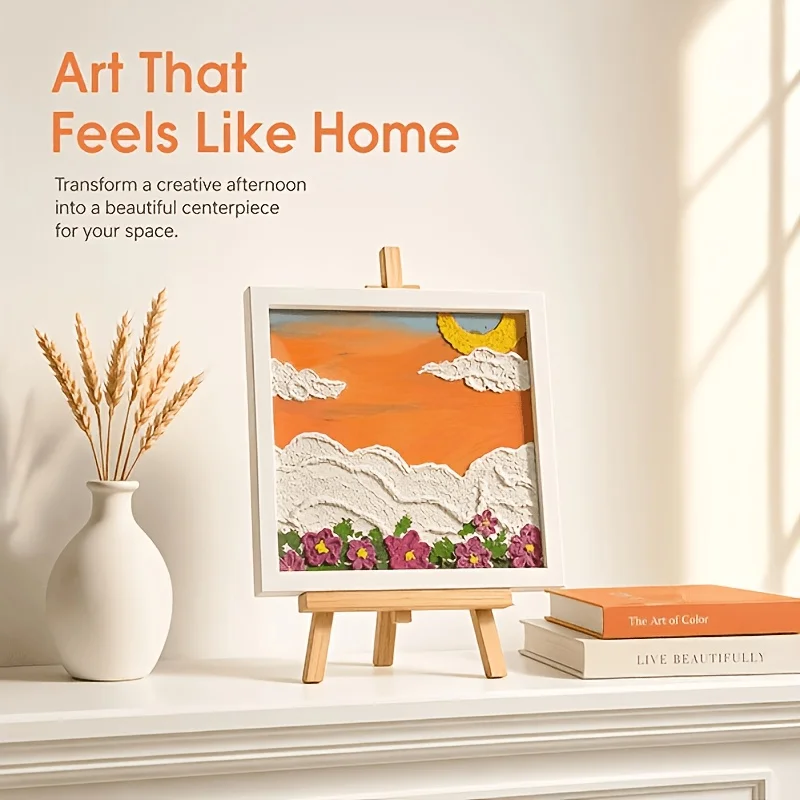 2‑Style Texture Painting Kit, Includes 6‑color paint cup, frame, palette knife, brush, quartz sand, wooden easel & mixing palette. 2 soothing color schemes for beginners. Perfect for seascape art, stress‑relief DIY