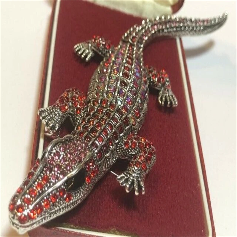 Vintage Art Deco Style Red Crystal Large Crocodile Brooch / Pendant Jewellery