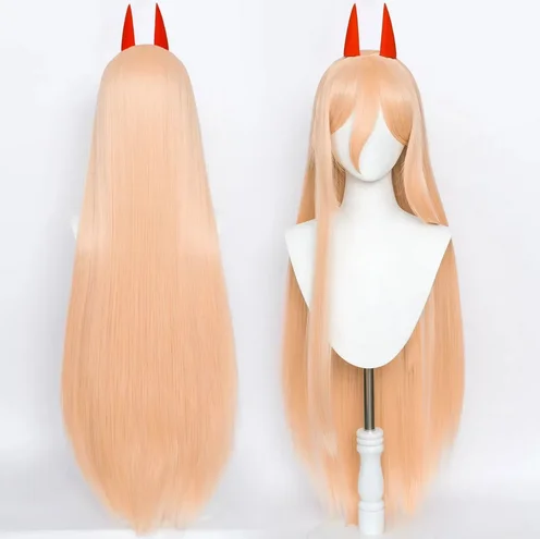 Anime gergaji mesin pria Makima Power Wig Cosplay Wig panjang oranye merah muda tahan panas rambut sintetis pesta peran Wig + Wig + tanduk