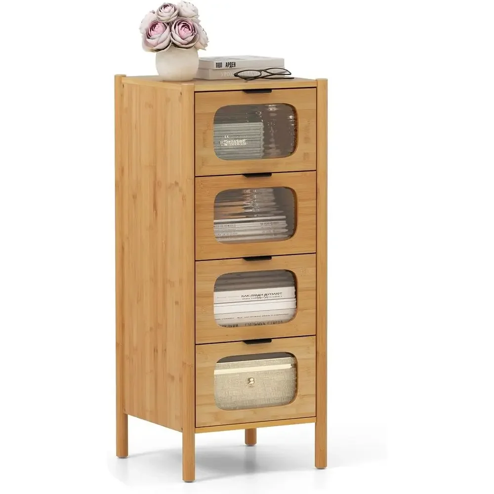 Bamboo Storage Cabinet with Tempered Glass Doors, Suitable for Living Room, Bathroom, and Entryway