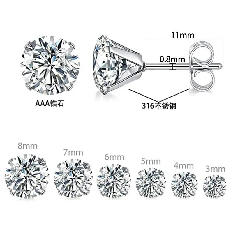 3/4/5/67/8mm Round AAA Zircon Push-back Stud Earrings 316l Stianless Steel Needle Brief Jewelry For Choose