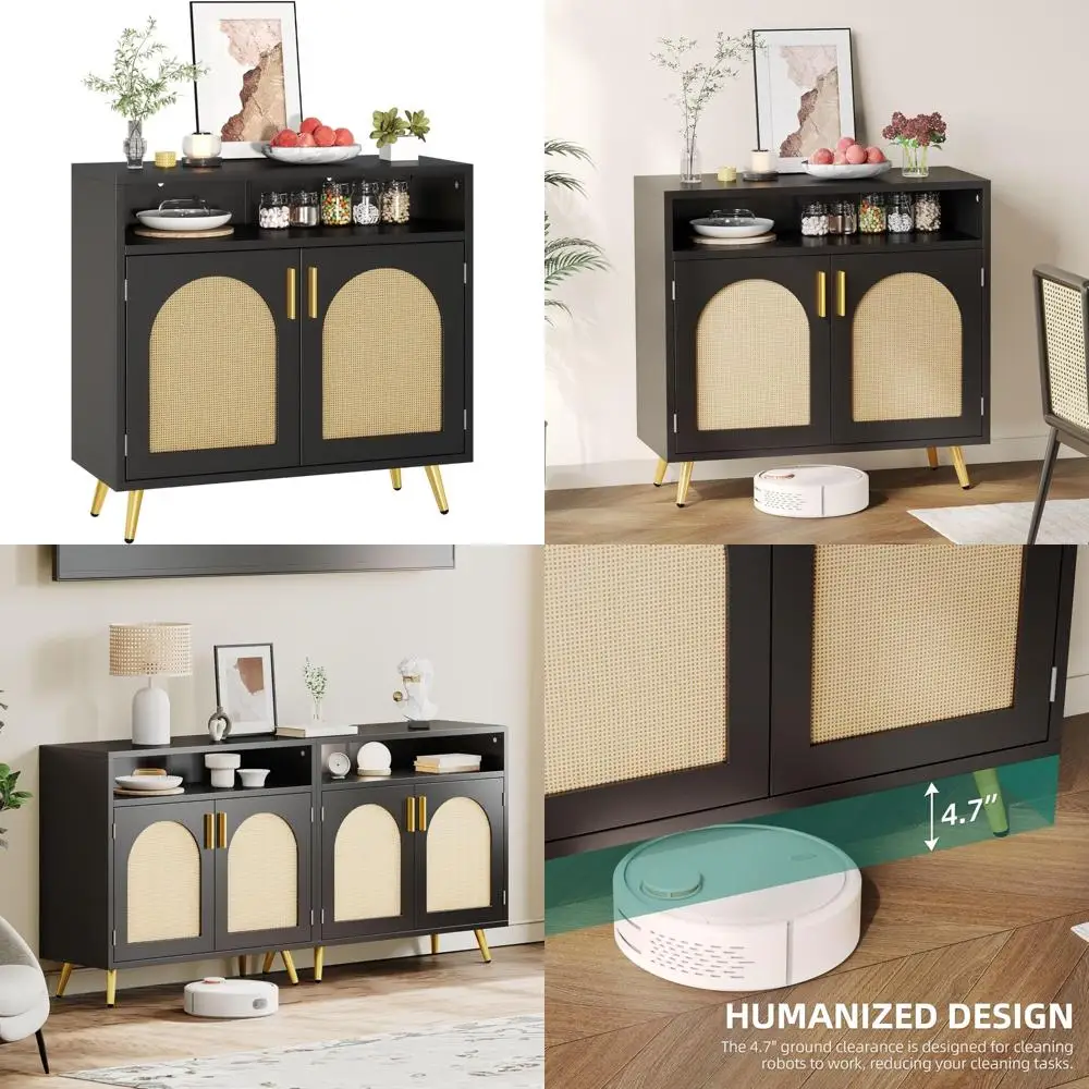 

Rattan-Decorated Storage Buffet Cabinet with Adjustable Shelves for Living Spaces and Hallways