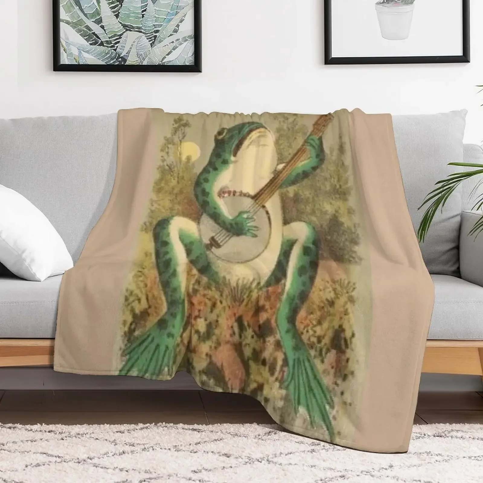 

Vintage Whimsical Frog Playing The Banjo In The Moonlight, Ribbit. Fun Frog Apparel and Decor Throw Blanket