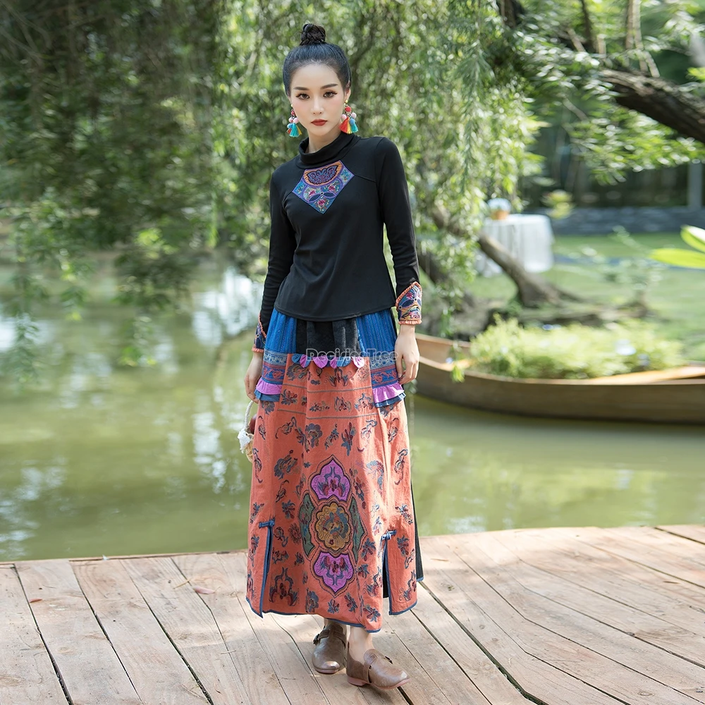 2025 new chinese ethnic style improved casual women embroidery patchwork color contrast skirt a-line high-waist long skirt t001