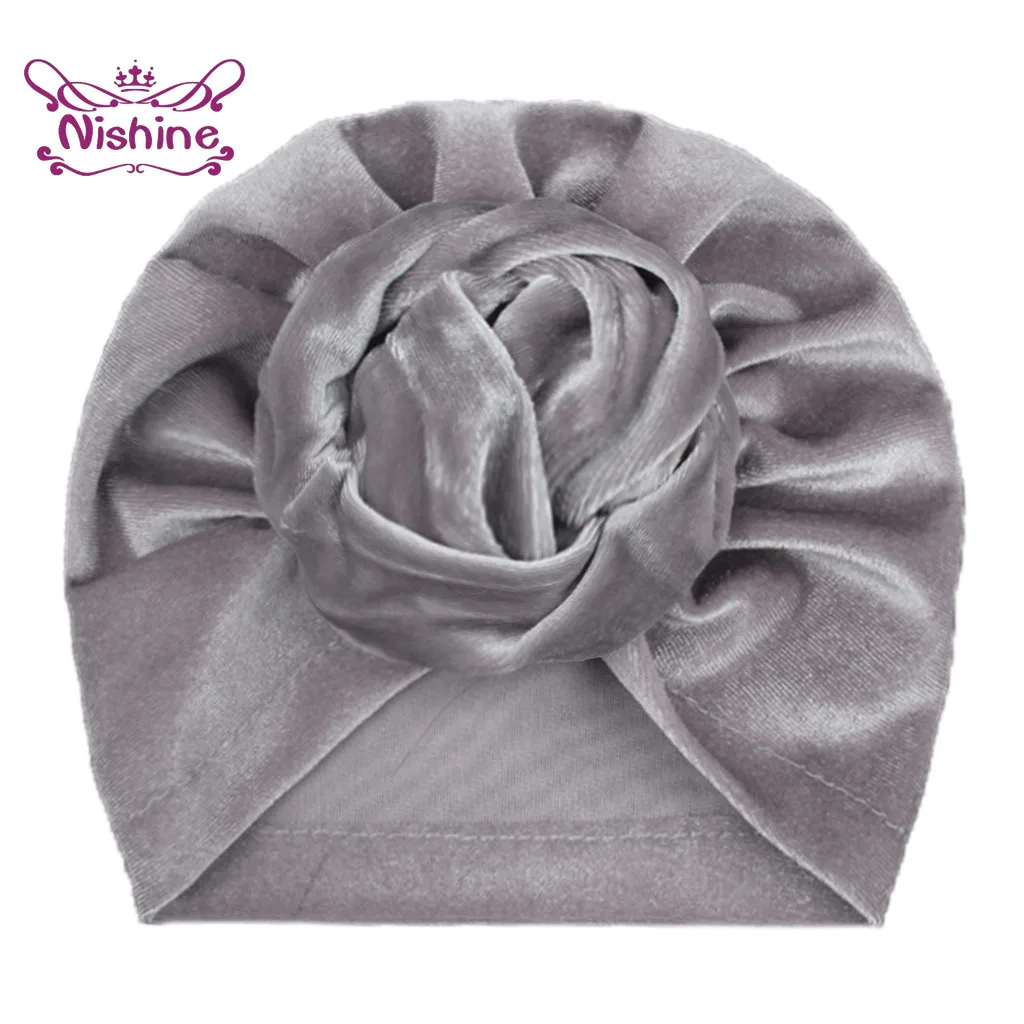 Gorro de terciopelo con nudo para niña, gorro de cobertura con flor rosa, turbante, accesorios para el cabello, 1 piezas