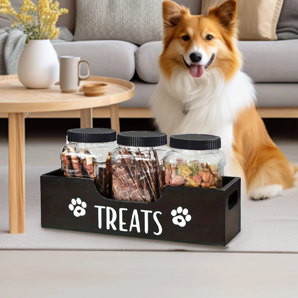 

Wooden Pet Snack Storage Box with Plastic Treat Jar Food Storage Holder (Black)