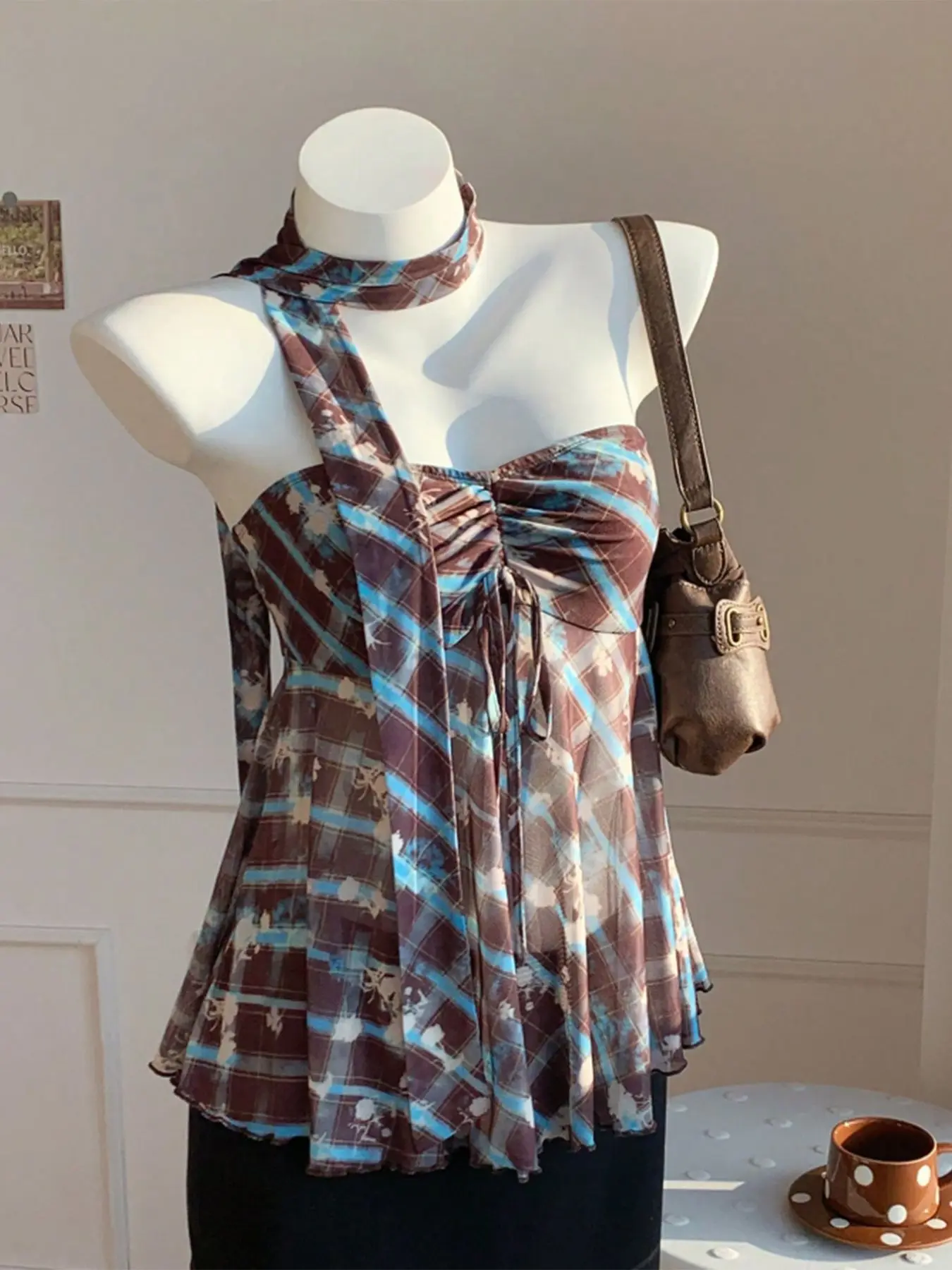 American retro trend fashion checkered ribbon strapless summer sexy girl style high-waisted lace netted printed top Y2K summer
