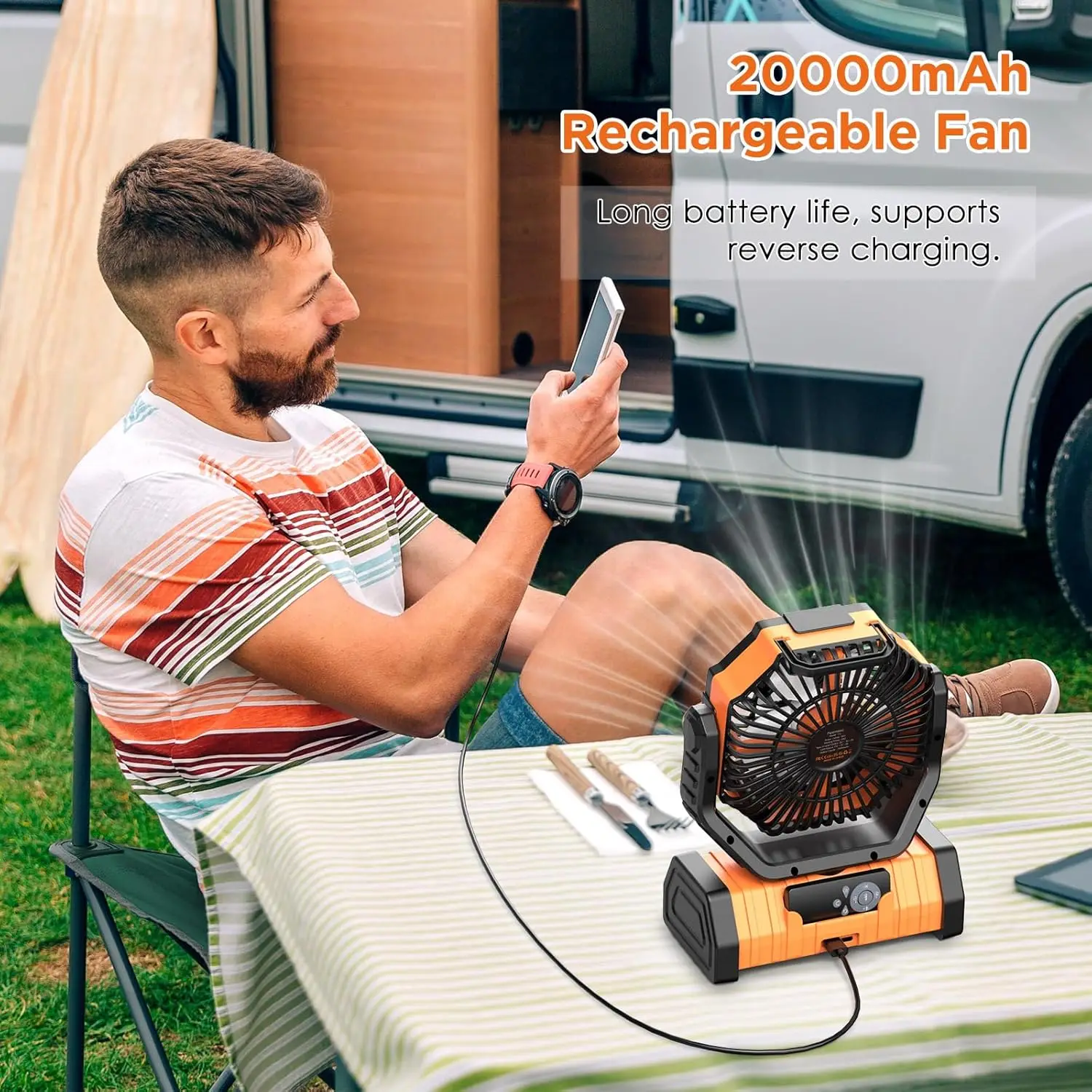 

20000mAh Rechargeable Camping Fan with LED Lantern, Portable Battery Powered Fan, Remote & Oscillating - 4 Speed for Tent,Travel