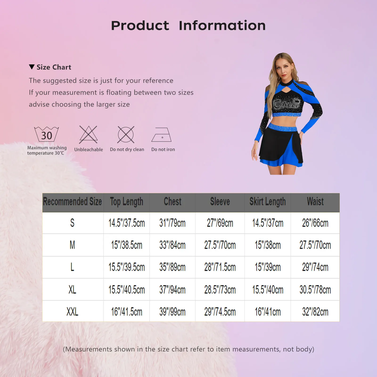 Womens Shiny Rhinestone Cheerleading Uniform Dance Costumes Long Sleeve Hollow Out Contrast Color Crop Top+Skating Skirt Outfits