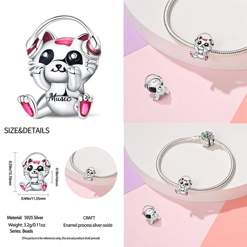 925 Sterling Silver Teacup Music Cat Pink Cat Paw Charms Beads Fit 4MM foro diametro braccialetto Fine fai da te carino gioielli regalo