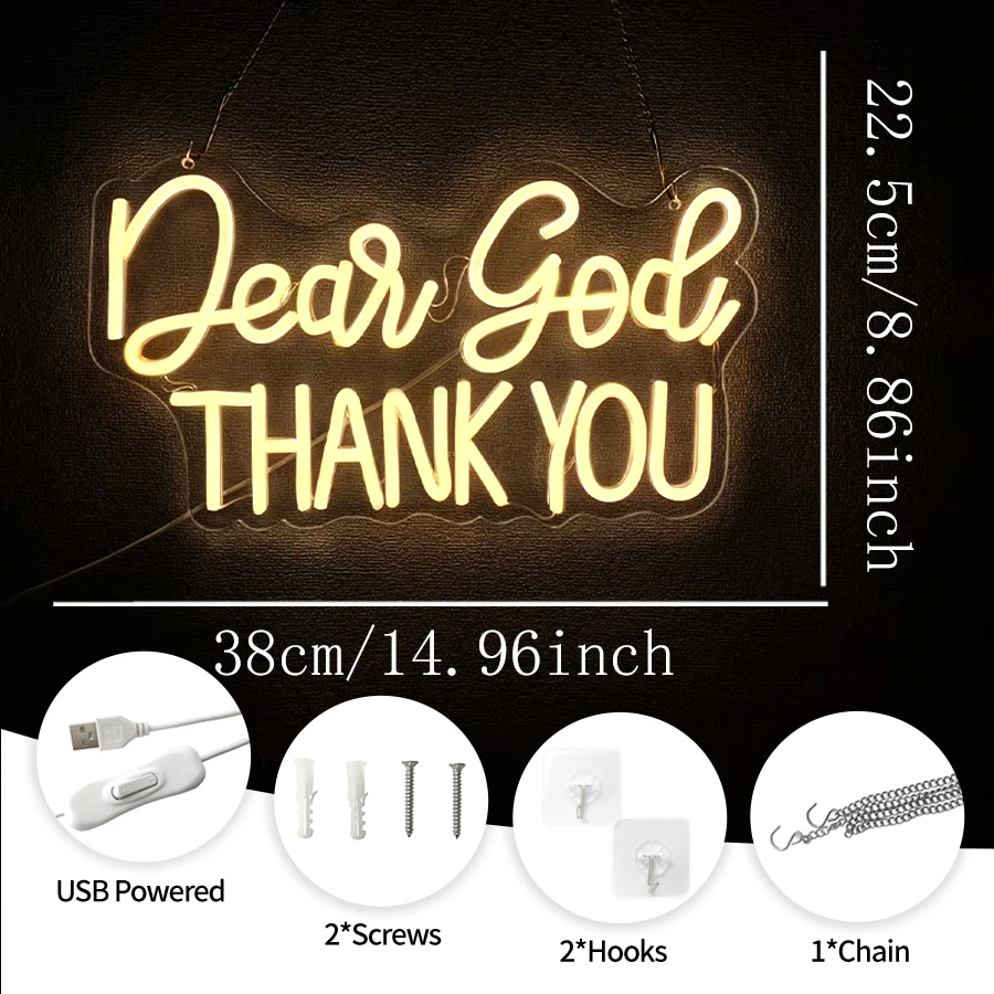Dear God Thank You Neon Sign,LED Light Up Letter Sign for Home,Christian,Easter,Room Wall Decor,Wedding,Church,Jesus Gifts，USB