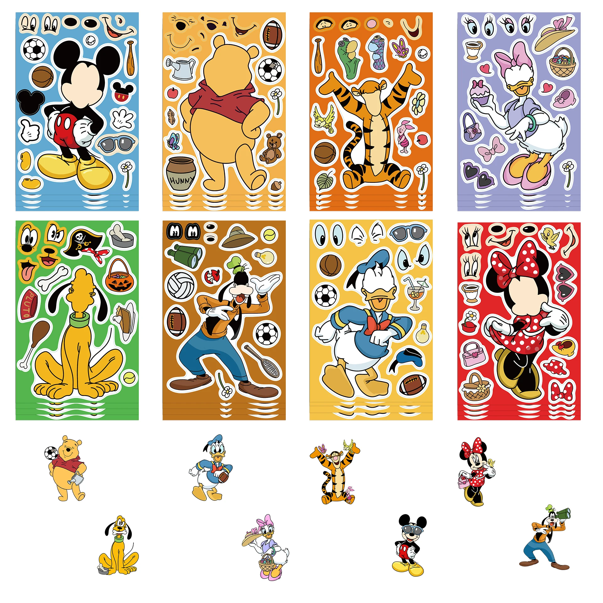 32Sheets Children DIY Puzzle Sticker Disney Mix Character Winnie Mickey Face Assemble Stickers Kids Toys Boys Girls Gifts