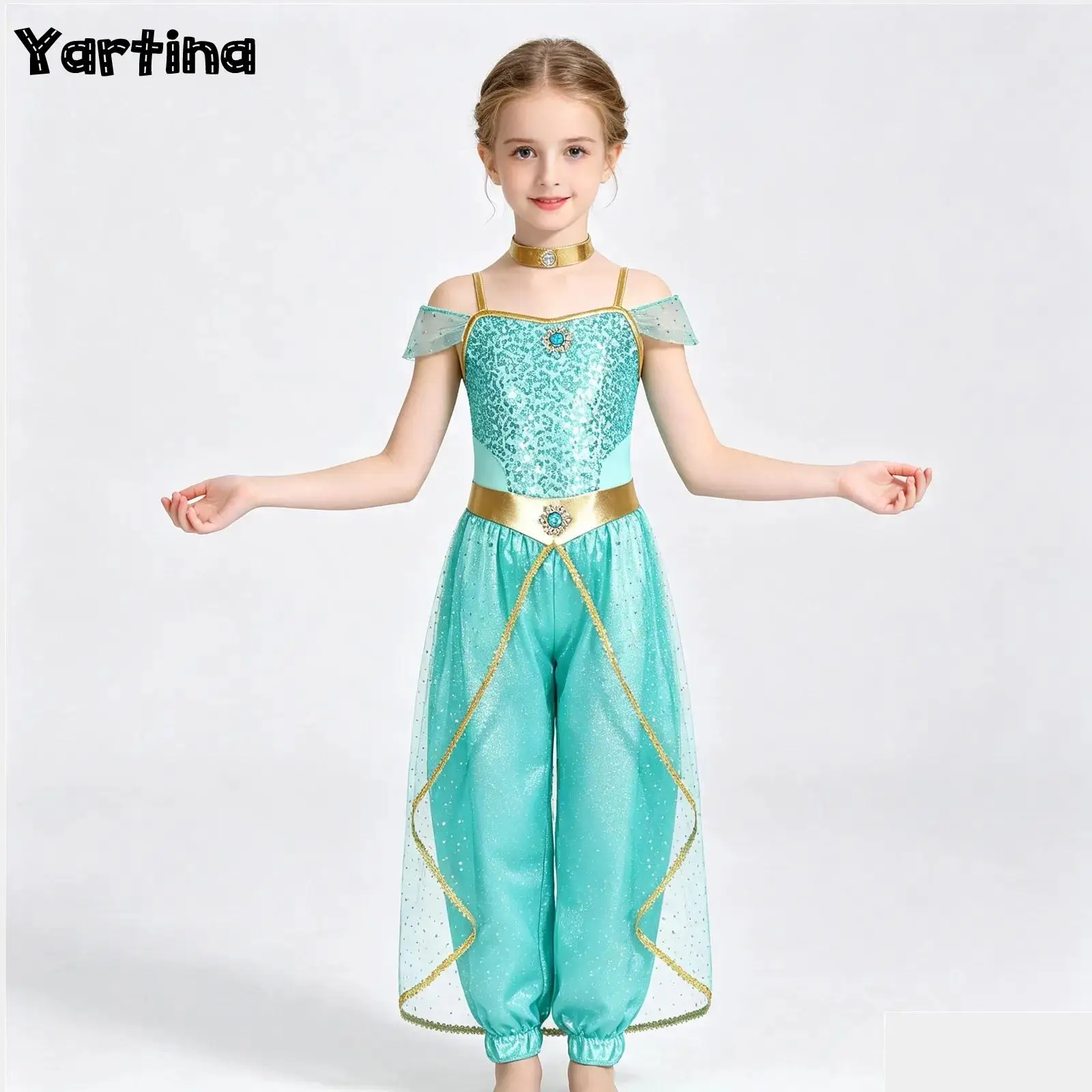 Girls Sequin Indian Oriental Arabian Princess Bellywood Cosplay Costume Belly Dance Arabic Jumpsuit Bodysuit with Choker