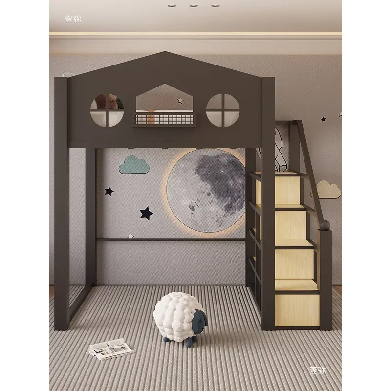 Duplex Elevated Tree House Loft Bed for Children Wrought Iron Bunk Bed with Empty Partition Underneath Upper Suspended