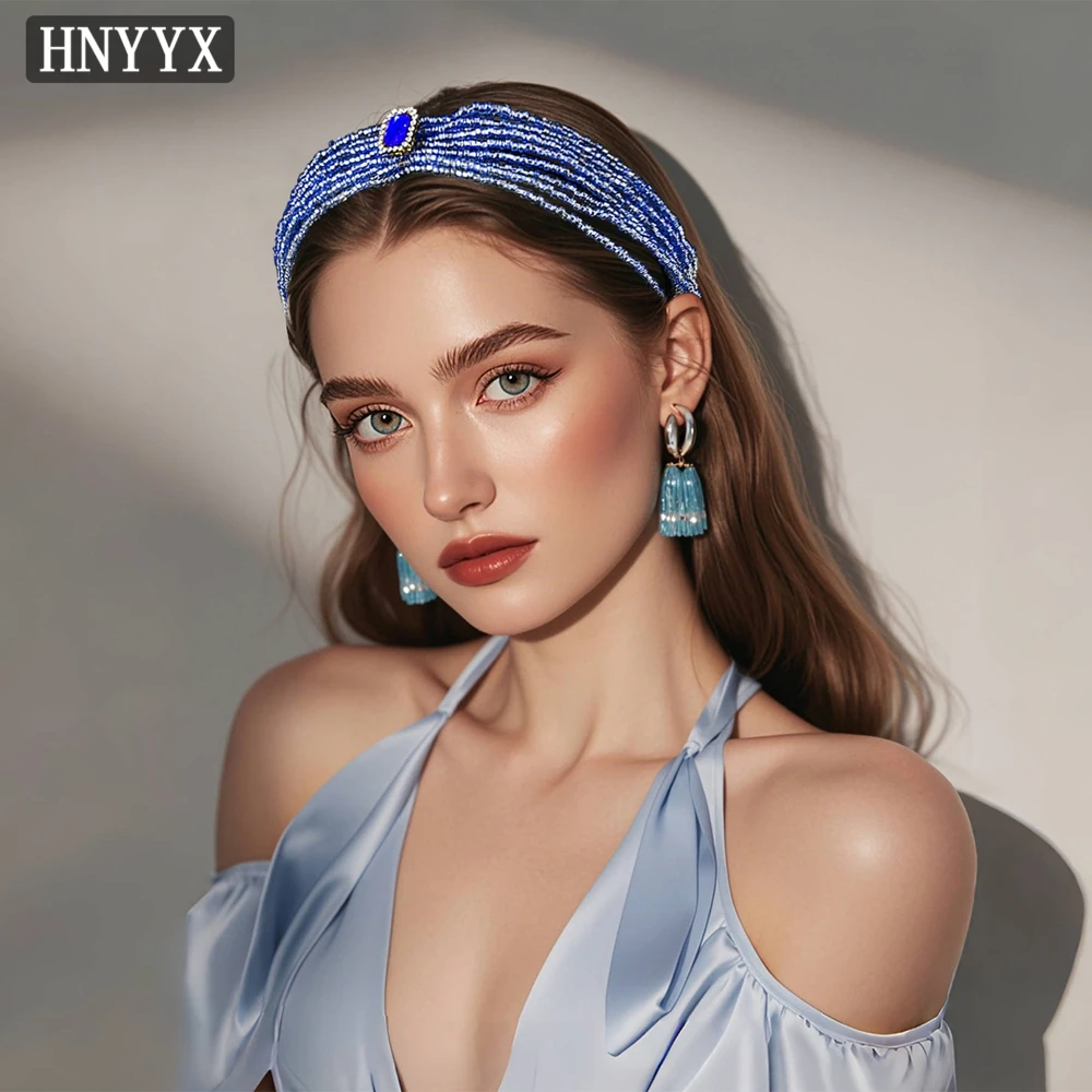 HNYYX Blue Rhinestone Beaded For Women Hair Hoop Baroque Girls Fashion Full Crystal Hair Accessories Wedding Headband A163