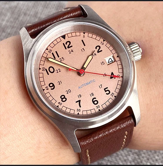 

36mm Tandorio Salmon dial Vintage Military Field Diver Watch Red Arrow Hand Mechanical Men Wristwatch NH35 Movt Pilot Style