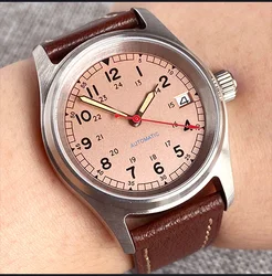 36mm Tandorio Salmon dial Vintage Military Field Diver Watch Red Arrow Hand Mechanical Men Wristwatch NH35 Movt Pilot Style