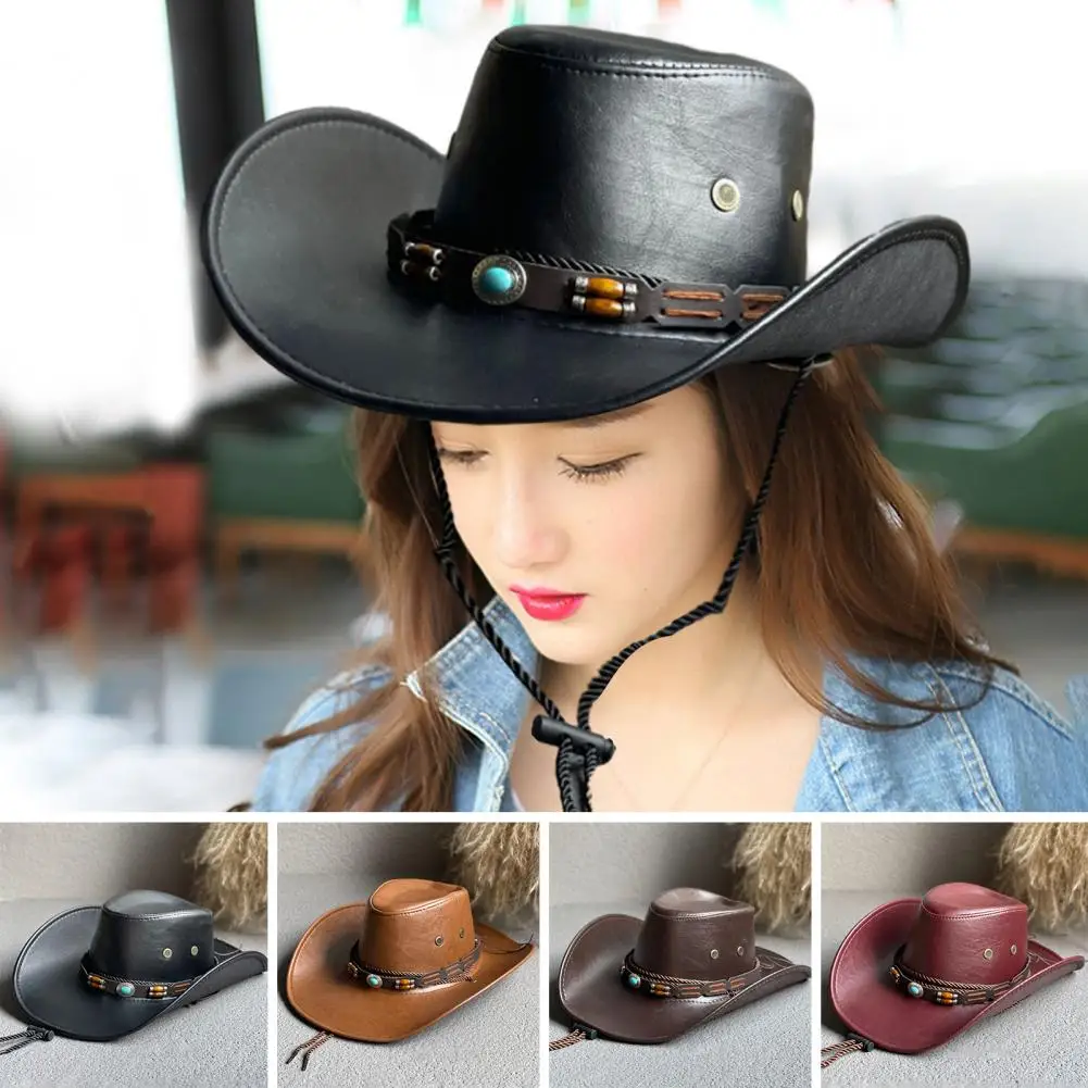 Unisex Cowboy Hat Vintage Western Cowboy Hat with Ethnic Belt Decor for Men Women Retro Gentleman Dress Hat with Adjustable