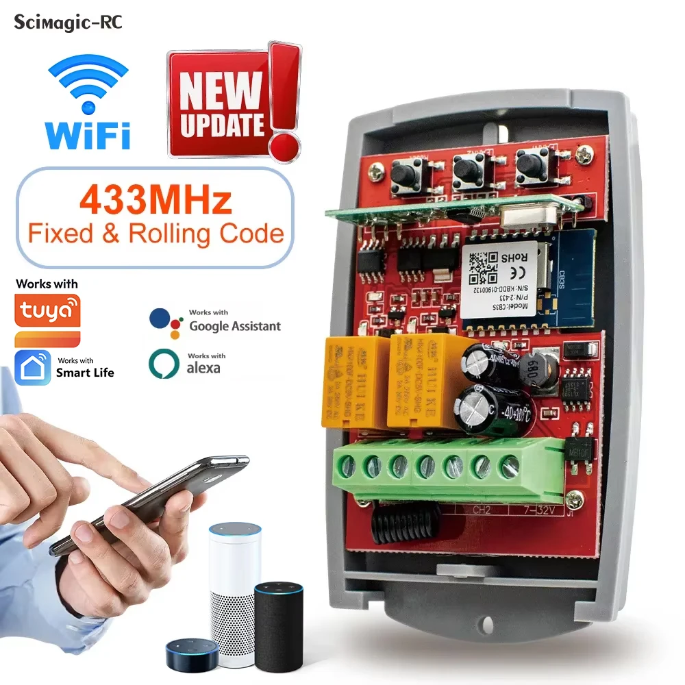 WIFI Garage Door Opener Gate Receiver 2CH 433mhz Universal Fixed Rolling Code Multi Brand Controller Switch Works with Tuya